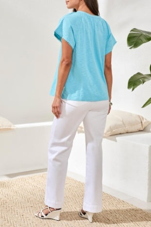 Short Sleeve SPlit Neck Top With Tassels