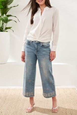 Audrey Hugging Wide Crop Leg Jean With Embroidery and Beaading