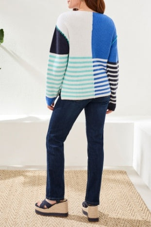 Multi Striped Textured Boat Neck Sweater