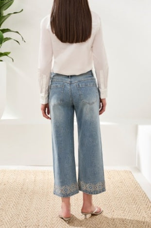 Audrey Hugging Wide Crop Leg Jean With Embroidery and Beaading
