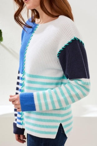 Multi Striped Textured Boat Neck Sweater