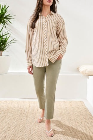 Poplin Double Stripe Roll-Up Sleeve Botton Front Shirt