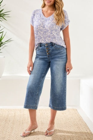 Audrey Button Front Wide Leg Crop Jean
