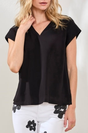 Mixed Media Cap Sleeve V-Neck Blouse