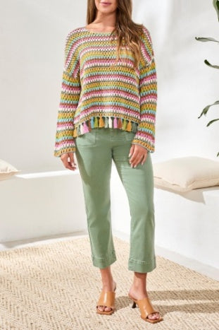 Long Bell Sleeve Sweater With Tassel Trim