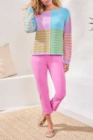 Multi Striped Textured Boat Neck Sweater
