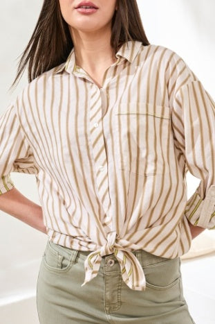 Poplin Double Stripe Roll-Up Sleeve Botton Front Shirt