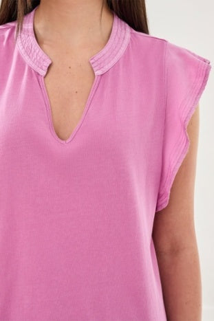 Mixed Media Ruffle Sleeve V-Neck Top