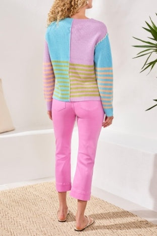 Multi Striped Textured Boat Neck Sweater