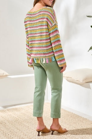 Long Bell Sleeve Sweater With Tassel Trim