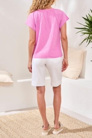 Short Sleeve SPlit Neck Top With Tassels