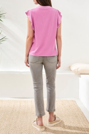 Mixed Media Ruffle Sleeve V-Neck Top