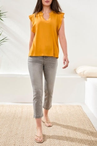 Mixed Media Ruffle Sleeve V-Neck Top