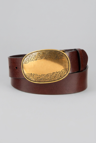 Smooh Leather Belt WithEtched Gold Tone Plaque