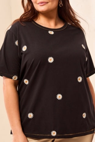 Plus Short Sleeve Crew Neck Top With Embroidery