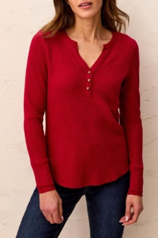 Waffle Knit Henley Long Sleeve Top