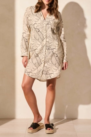 Rolled Long Sleeve Button Front Shirt Dress