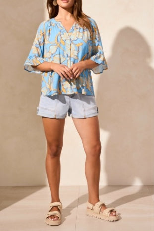Elbow Sleeve Button Front Blouse