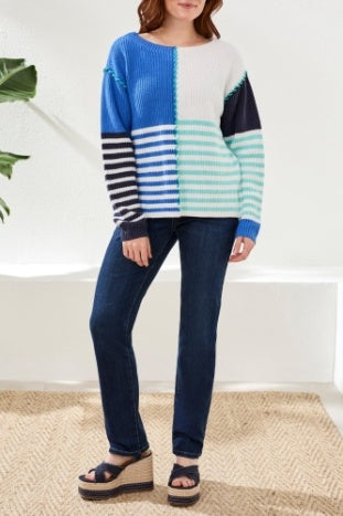 Multi Striped Textured Boat Neck Sweater