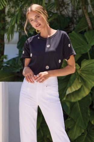 Short Sleeve Crew Neck Top With Embroidery