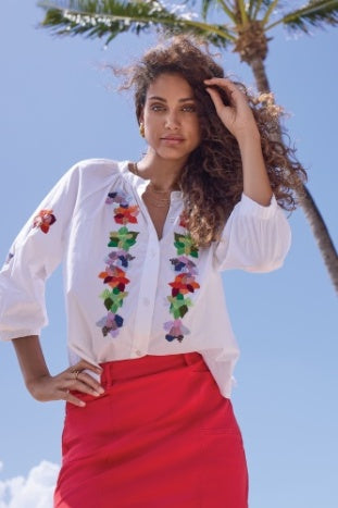 3/4 Sleeve Button Front Blouse With Embroidery