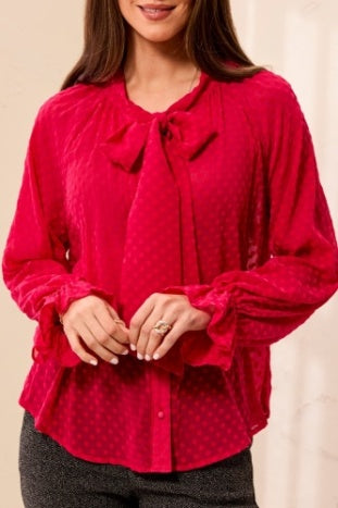 Long Button Front Blouse With Tie
