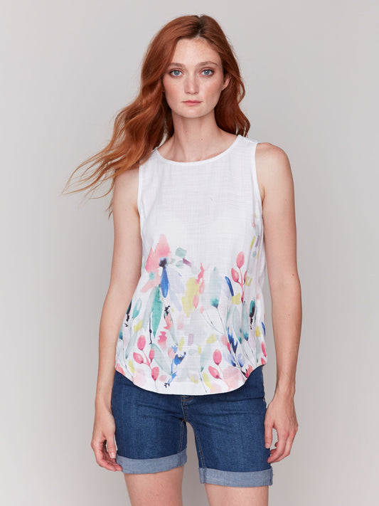 Boarder Print Sleeveless Crew Neck Woven Top With Rounded Hem